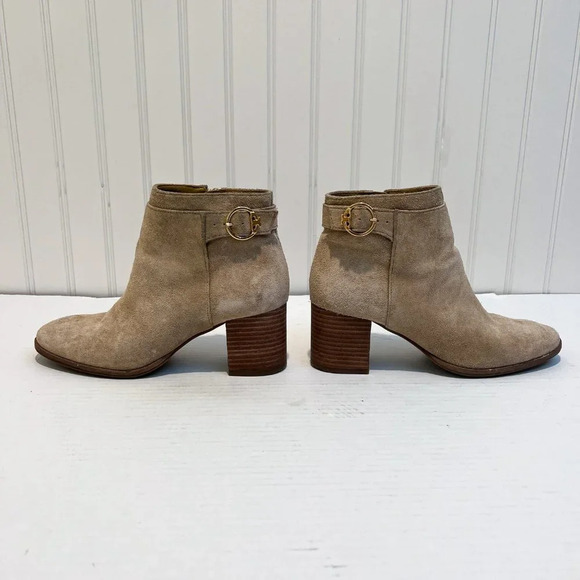 Tory Burch Sophia Tan Suede Block Heel Designer Bohemian Logo Booties 6 WORN - Picture 10 of 12
